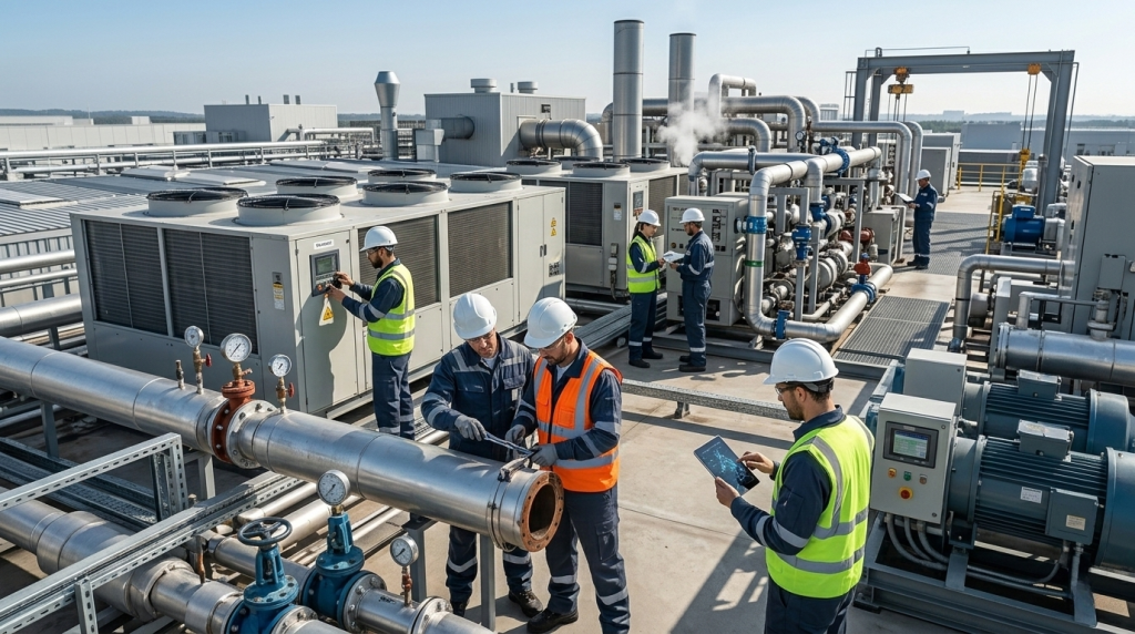 Engineers inspecting HVAC systems, pipes, and facility infrastructure at an UK outdoor industrial site to provide nationwide facilities services.